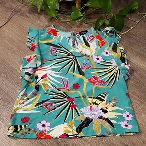 Floral Ruffle Sleeve Blouse - Teal